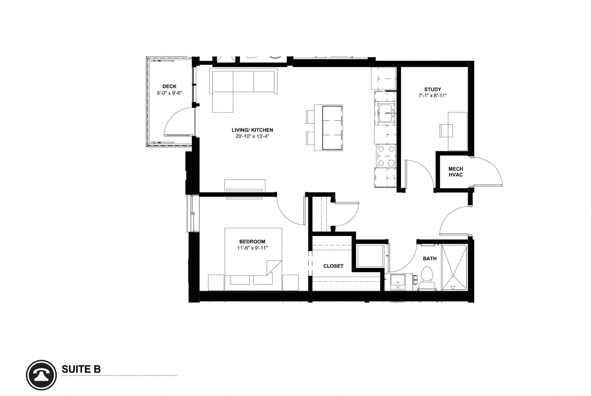 Floor plan for 1 bed, 0.8 baths, 736 sqft
